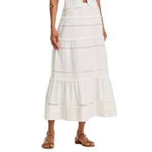 NWT White Aqua Pintuck Lace Inset Fit&Flare Midi Lined Skirt Zip/Hook Closure-L